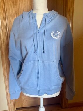 PINK Victoria's Secret Light Blue Zip-Up Hoodie with White Laurel Logo